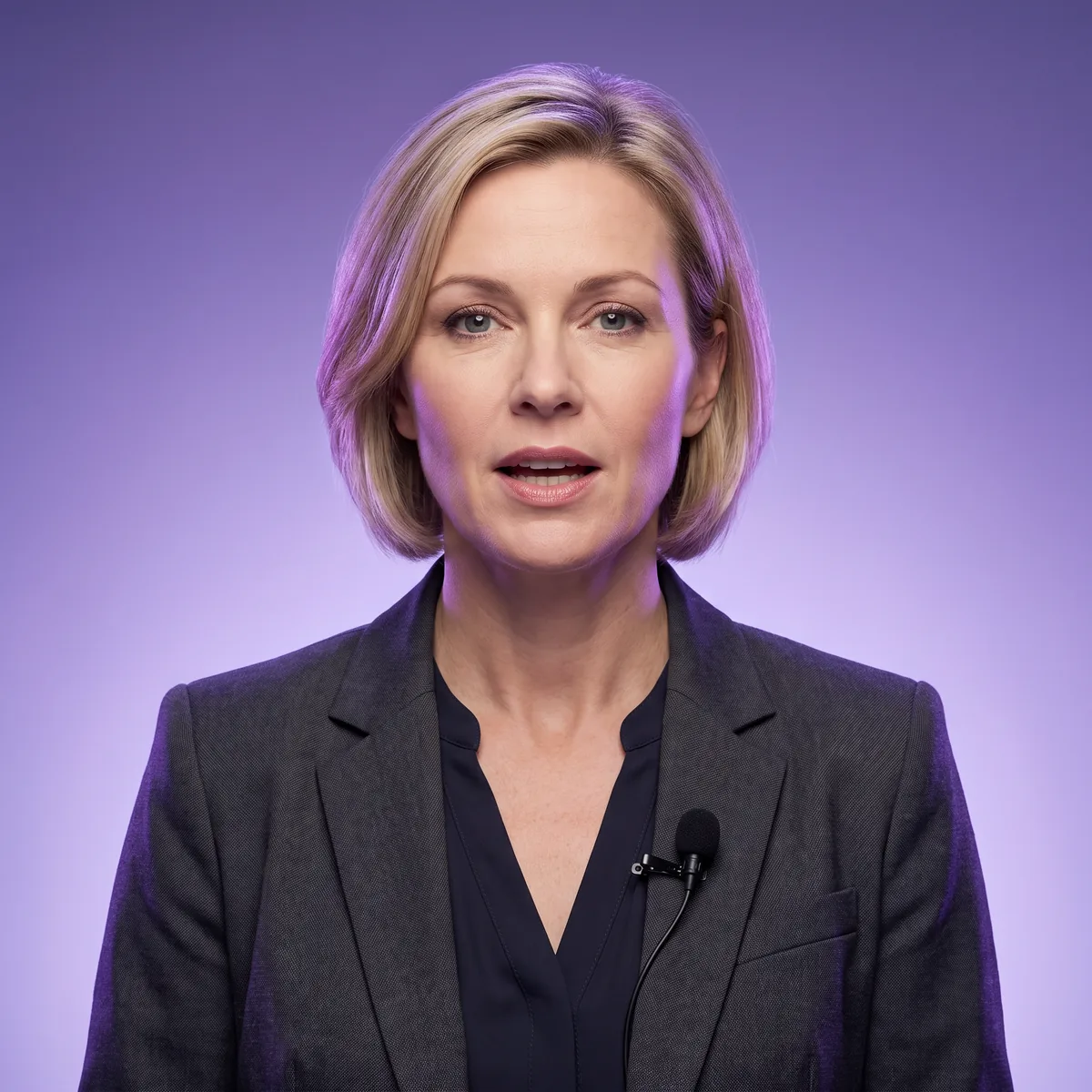 Woman with a lavalier microphone in a suit