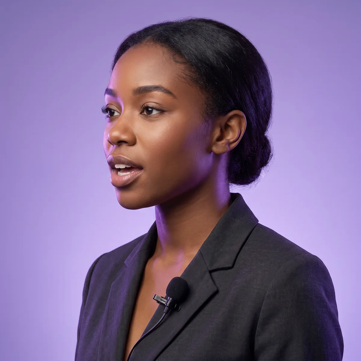 Woman with a lavalier microphone in a dark blazer