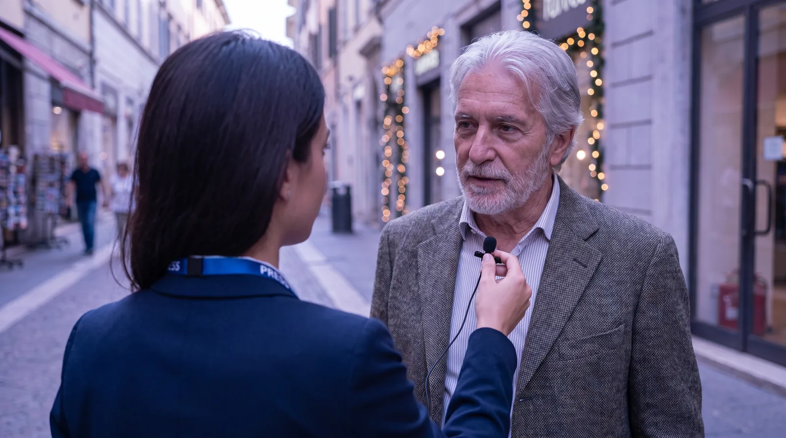 Journalist conducting a street interview with a lavalier microphone