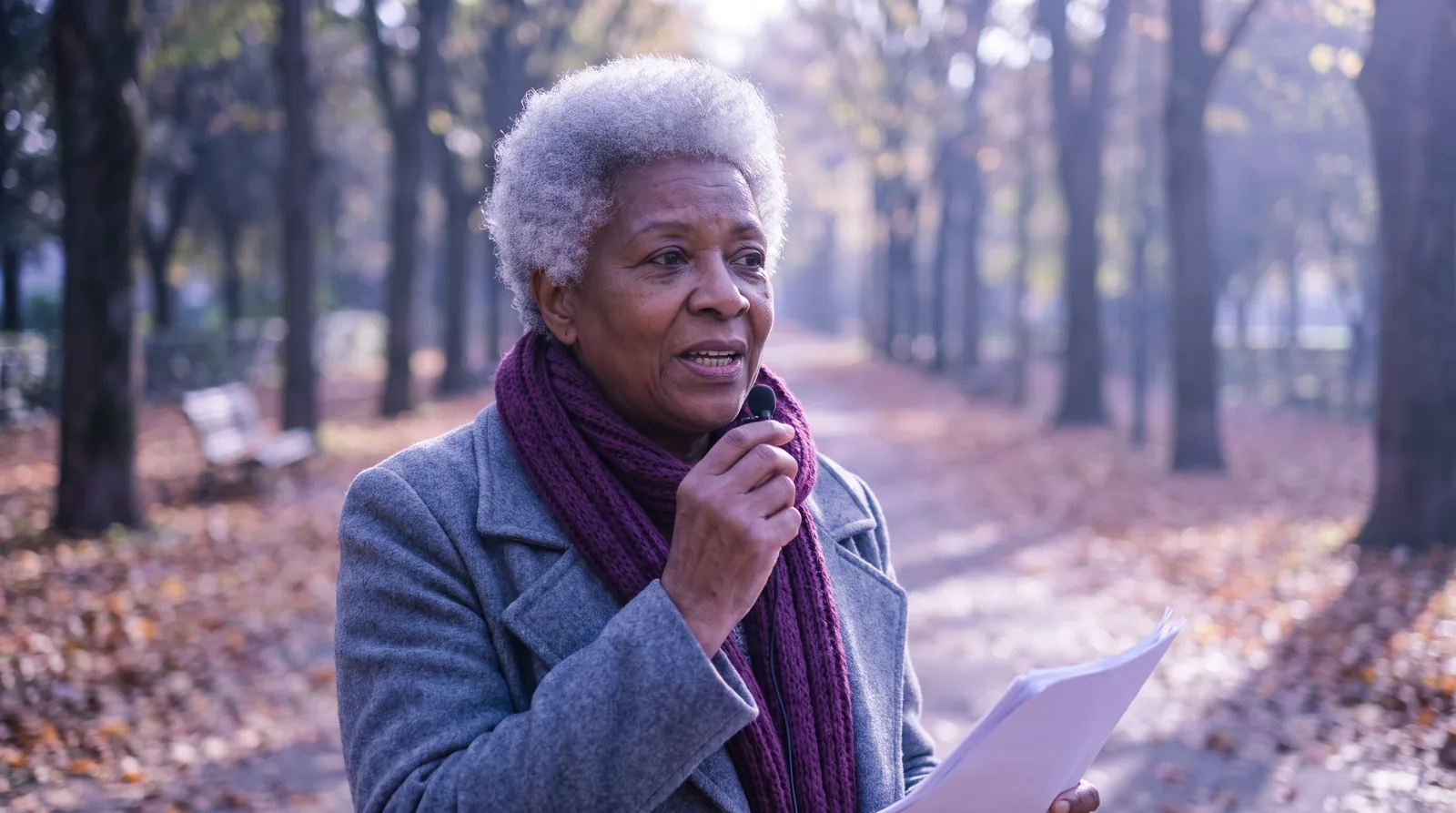 Woman giving a speech with a lavalier microphone and notes in a park