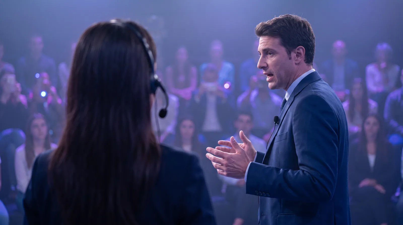 Speaker gesturing in front of an audience with a lavalier microphone