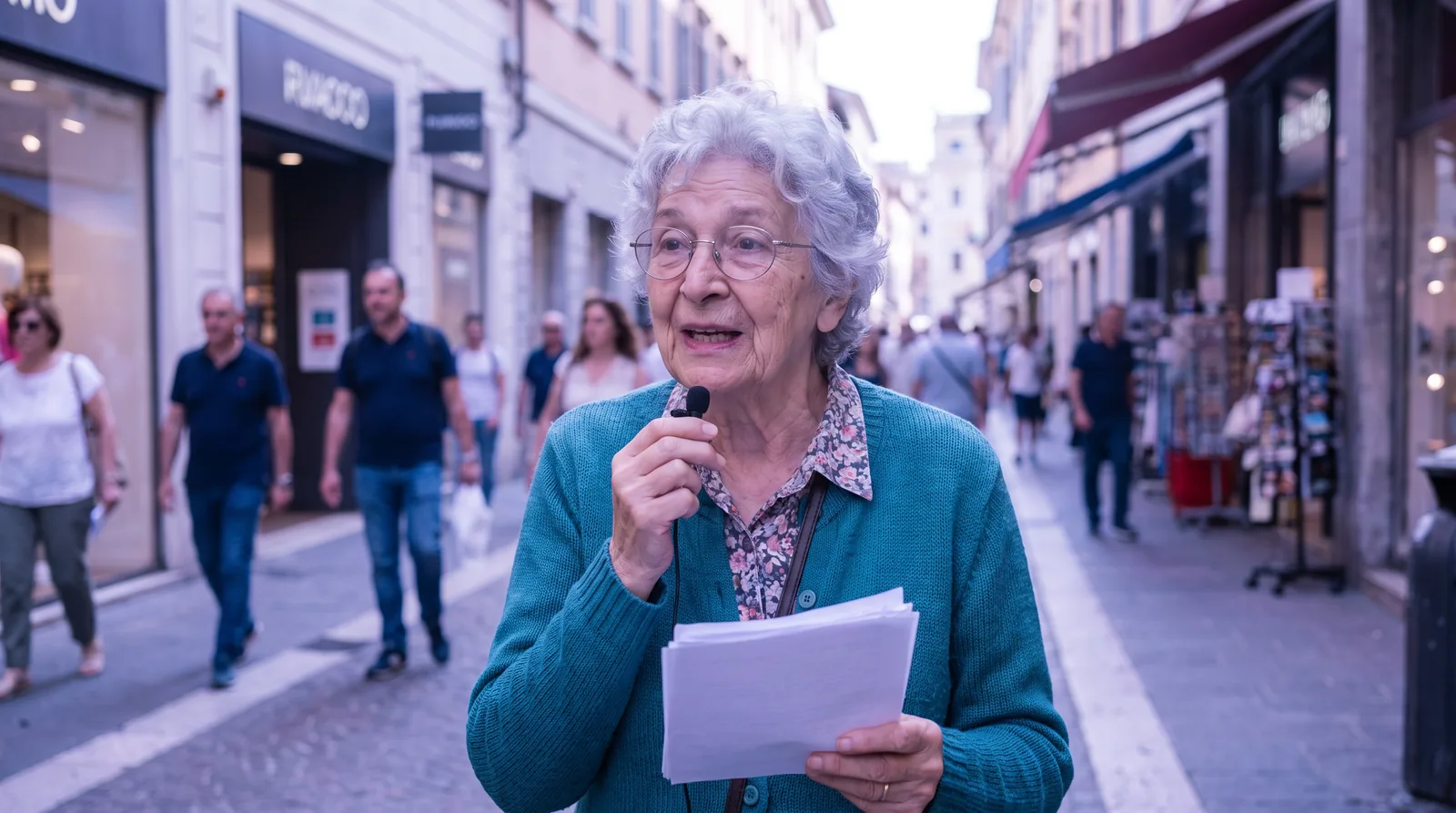 Older woman speaking with a lavalier microphone on a city street